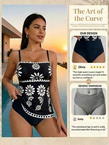 SHEIN Swim 2pcs Women's High Elastic Green Floral Print Bikini Set, Includes Floral Print Bandeau Top And Solid Color Triangle Bottom, Elegant Bikini Set For Spring/Summer Beach Party Bathing Suits For Women 1 Piece Women's Swimwears 1 Pc Swimwear New Women's Swimwears For Woman Full Coverage - Multicolor - View 6