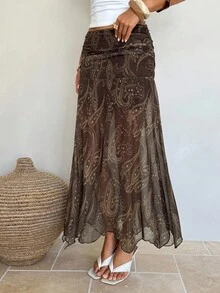 Aloruh 女士时尚波西米亚风佩斯利印花长裙 - 卡其色 - 查看 6