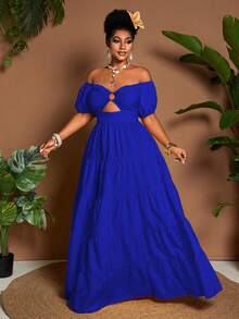 Maweii Plus Size Solid Color Off-Shoulder Short Sleeve Hollow-Out Fashionable Long Ruffle Hem Maxi Dress For Summer - Royal Blue - View 6