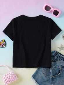 THE POWERPUFF GIRLS X SHEIN 女童休闲卡通字母印花T恤，夏季 - 黑色 - 查看 2