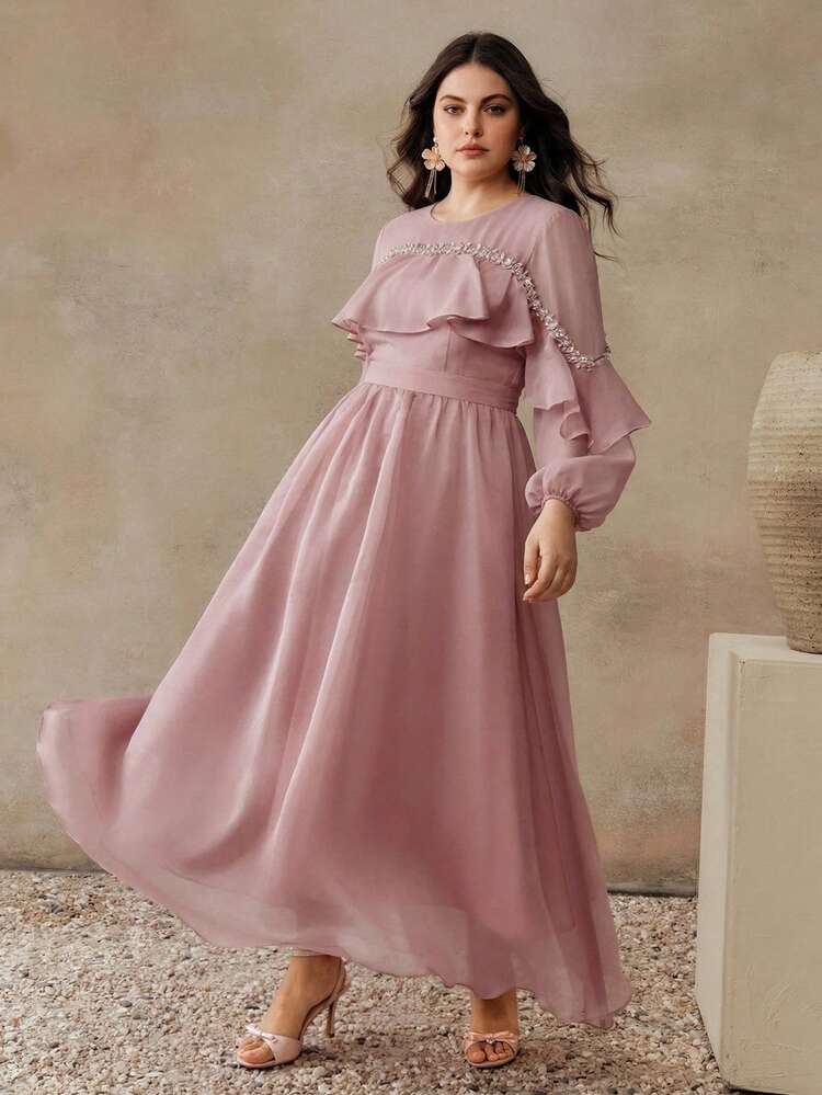 Spring Women's Elegant Graceful Flowy Round Neck Handmade Rhinestone Decor Plus Size Pink Dress