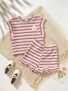 SHEIN Playful Pals 2件套女童春夏休闲日常度假纹理柔软针织华夫格条纹荷叶袖圆领向日葵3D立体花卉T恤和短裤甜美可爱时尚套装 - 粉色 - 查看 3