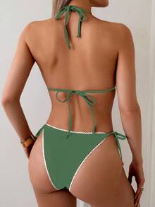 Swim Vcay Bộ bikini hai mảnh gợi cảm dành cho nữ, viền ren, cổ yếm buộc dây. - xanh quân đội - Xem 2