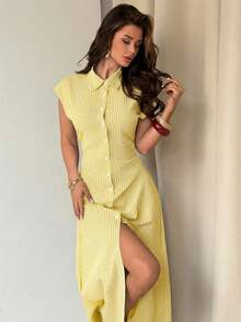 Firerie 女士蓝白条纹泡泡袖A字中长连衣裙，系带衬衫裙，休闲通勤翻领连衣裙，收腰条纹办公中长裙，适合春、夏、秋季，优雅百搭，通勤、约会、工作、返校、教师节、正式场合、商务通勤，简约连衣裙 - 黃色 - 查看 3