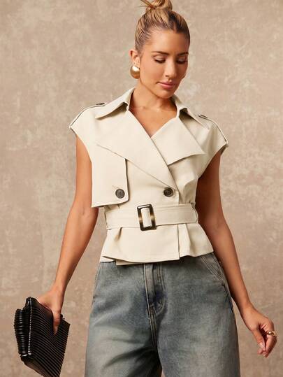 Lumalex New Autumn//Spring High-End Women's Casual Daily Commuting Khaki Stand-Up Collar Curved Shoulder Double-Breasted Design Waist Sleeveless Short Windbreaker, Vest Jacket, New Spring Women's Style, Spring/Summer Clothing, Daily Business Casual Wear, Casual Elegant Clothing