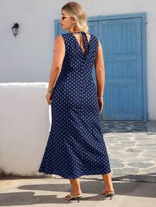 Plus Size Women V-Neck Polka Dot Casual Party & Outing Dress - Navy Blue - View 2