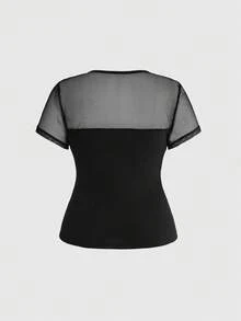 ROMWE Grunge Punk Festival Wear Plus Size Women's Punk Style Mesh Patchwork Perforated Design Short Sleeve T-Shirt, Summer - Black - View 2