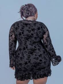 CurvyTilda 大码女式浪漫性感长袖连衣裙 - 黑色 - 查看 6