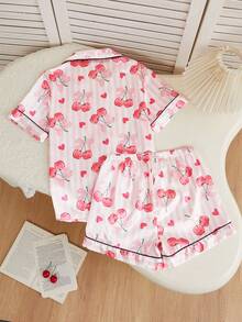 Set Piyama 2 Potong untuk Anak Perempuan Remaja, Motif Ceri Merah Muda dan Merah yang Lucu, Bahan Sutra Imitasi Satin, Kancing Depan, Pakaian Tidur Rumahan, Lembut - Berwarna merah muda - View 2