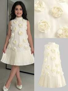 SHEIN Vestido sin mangas elegante y lujoso con tela con flores 3D para niña preadolescente - Albaricoque - Ver 10