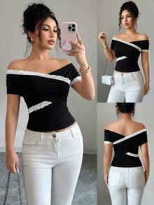 Elenzga Lace Patchwork Criss-Cross Off-Shoulder Blouse, Summer Lesbian Latest Tops For Women New Arrivals Blouses For Women New T Shirt Tops For Women Business Casual Women Tops - Black and White - View 1
