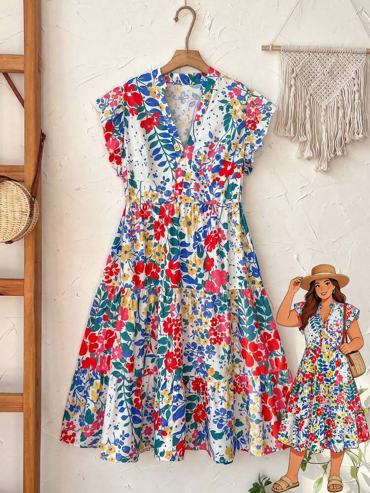 Plus Size Women's Summer Casual Vacation Country Plant Print  Ditsy Floral Print  V-Neck Ruffle Sleeve Casual Dress,Casual Holiday Style,Summer Outfits For Women ,Vacation Outfits Women ,Holiday Outfits For Women,Going Out Outfits,New Clothes,Simple And Fashionable For Everyday Wear,Suitable For Summer, Vacation, Daily Wear, Festival Outfits For Women,Country Concert Outfit,Beach Outfits For Women,Western Style,Flowy Dress,Gifts For Mother,Boho Dress
