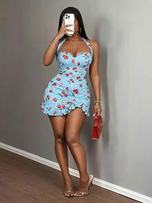 Slaydiva 2025 New Mini Cherry Pattern Bodycon Dress - Baby Blue - View 5