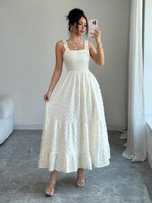 Elenzga 女士休闲优雅长款针织连衣裙，荷叶边下摆和细肩带设计，适合夏季休闲、度假、约会、日常穿着、节日和派对等场合。 - 杏色 - 查看 1