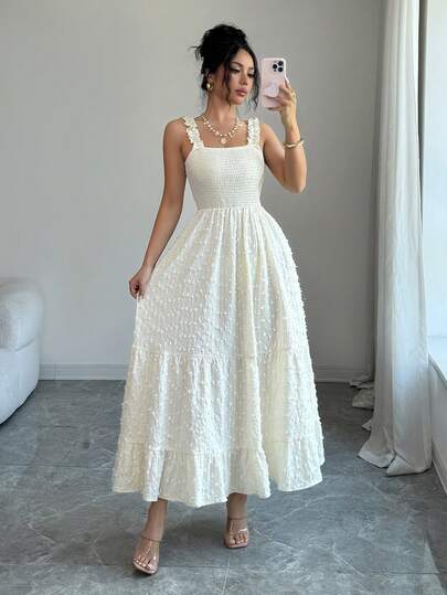 Elenzga 女士休闲优雅长款针织连衣裙，荷叶边下摆和细肩带设计，适合夏季休闲、度假、约会、日常穿着、节日和派对等场合。