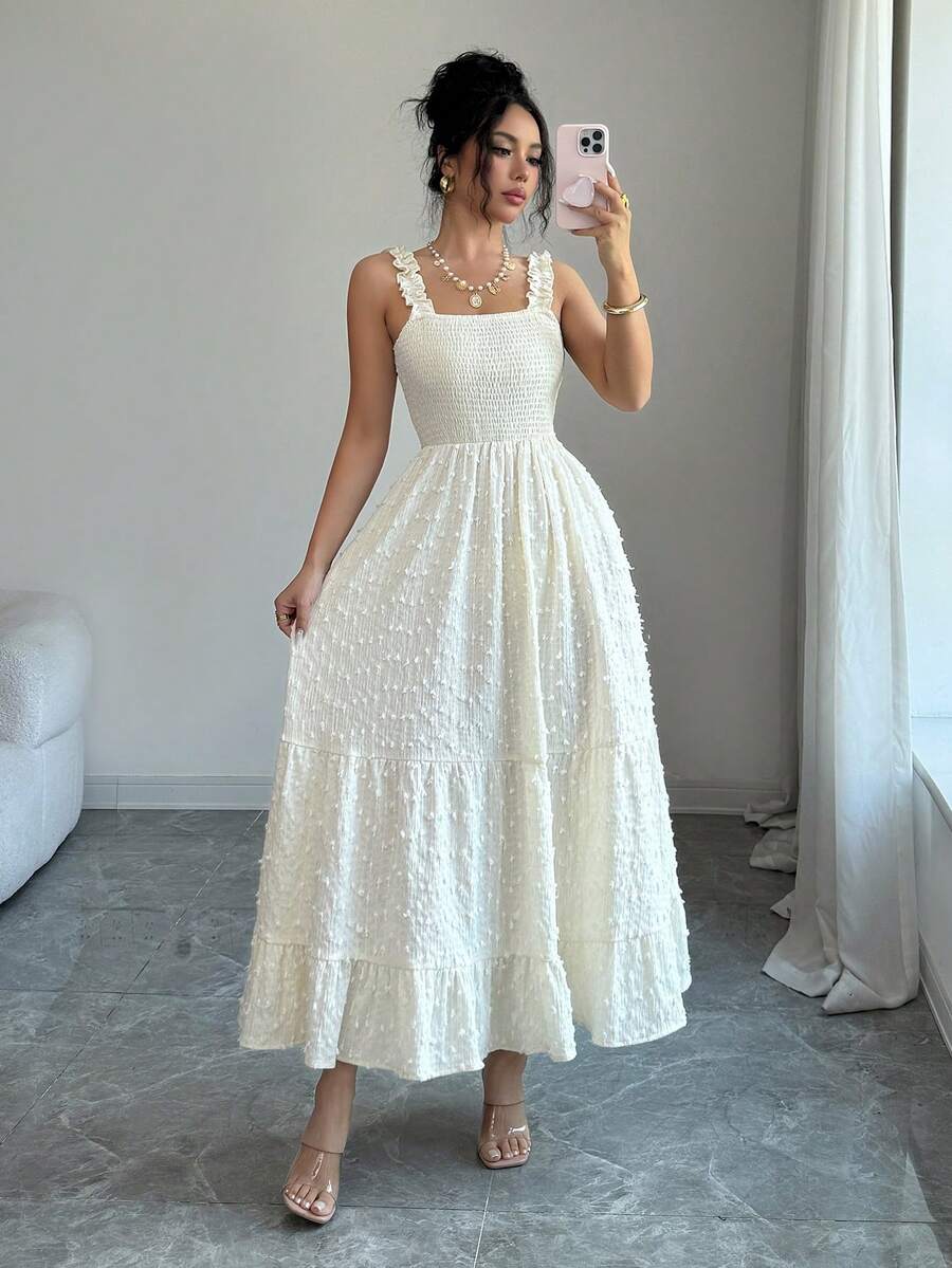 Elenzga 女士休闲优雅长款针织连衣裙，荷叶边下摆和细肩带设计，适合夏季休闲、度假、约会、日常穿着、节日和派对等场合。 - 杏色 - 查看 1