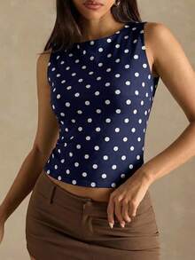 SHEIN BAE Áo không tay chấm bi dáng casual dành cho nữ, thích hợp cho mùa hè. - Màu xanh hải quân - Xem 5