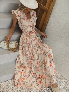 Breezaya Vestido Longo com Estampa Floral, Manga Borboleta, Babado na Barra, Cinto, Roupas de Praia e Férias para Mulheres - Damasco - Visão 5