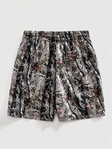 ROMWE MEN Street Life Men's Branch Stripe Print Drawstring Waist Shorts - Multicolor - View 2