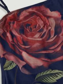 SHEIN MOD Plus Size Floral Print Mesh Vintage Romantic Mid-Length Dress, Spring/Summer Fitted Floral Strap Dress, Suitable For Party & Holiday Wear - Navy Blue - View 4