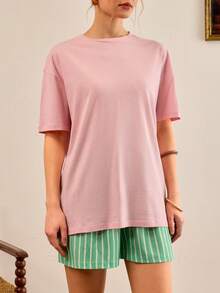 CasuGlow Women's Two Pieces Graphic Summer Set Featuring An Oversized Short-Sleeve Tee With Tropical Print And Matching Vertical Striped High-Waisted Shorts, Pinterest Look, Casual Summer Colleciton - Multicolor - View 6