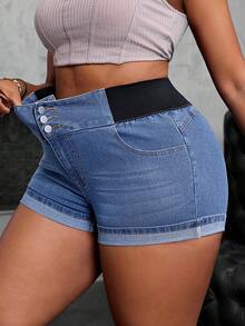 SHEIN SXY Quần short mini cỡ lớn dành cho nữ có chun co giãn - Màu xanh lam - Xem 4
