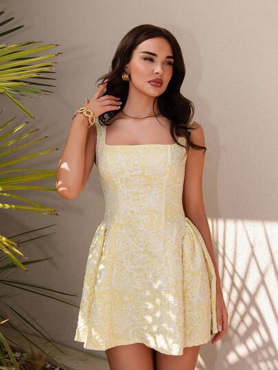 Bris Aura Đầm dạ hội mùa hè thanh lịch chất liệu jacquard dài ngang gối dành cho nữ, đầm tốt nghiệp, đầm màu vàng bơ dự tiệc.