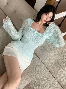 DAZY 紋理蕾絲女款修身優雅長袖T恤，休閒度假風，適合春夏、婚禮、通勤 - 薄荷綠 - 查看 6