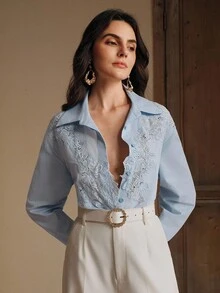 Anewsta 新款春夏不对称蕾丝拼接蓝色女式衬衫 - 藍色 - 查看 4