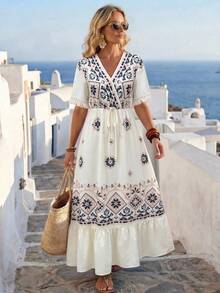 LanaWest Women's Summer Boho Holiday Vacation Black And Cream V-Neck Digital Placement Print Cuff Splice Tassel Floral Layered Ruffle Hem Western Casual Dress - Apricot - View 3
