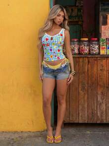 ROMWE Avant Top ajustado de mujer con estampado de frutas tropicales, sandía, piña, encaje y calado - Multicolor - Ver 3