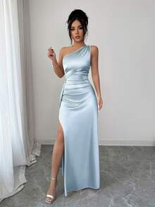 Elenzga 2026夏季新款奢华缎面单肩褶皱高开衩性感长款晚礼服，适合女士参加派对。 - 淺藍色 - 查看 5