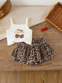 SHEIN LMoss Kids 女童两件套：纯色草莓图案吊带背心和草莓条纹印花短裤 - 卡其色 - 查看 1