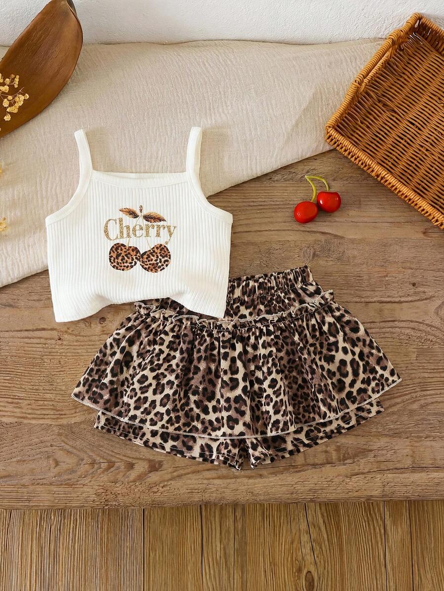 SHEIN LMoss Kids 女童两件套：纯色草莓图案吊带背心和草莓条纹印花短裤 - 卡其色 - 查看 1