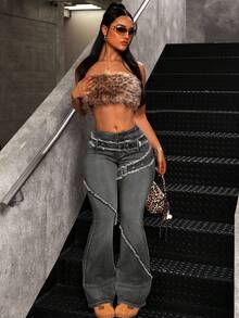 SHEIN Jeanoir Plus Size Low Waist Fashionable Casual Slim Fit Frayed Hem Flare Jeans - Grey - View 7