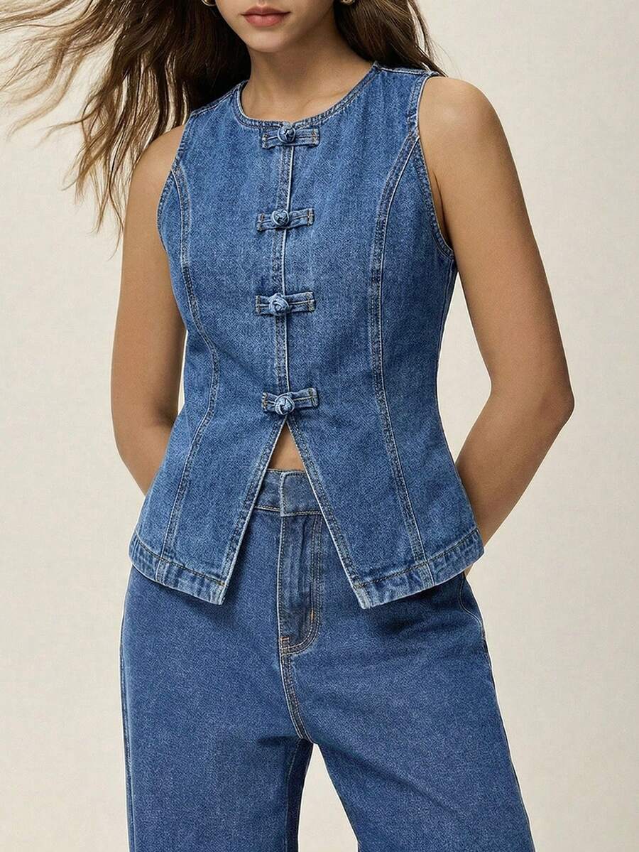 Poéselle 女款圓領單排扣上衣與長褲休閒日常牛仔套裝 - 中等水洗藍 - 查看 1