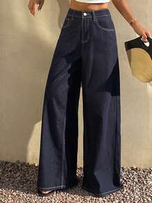 DAZY 女士宽松休闲直筒原色水洗牛仔裤，春夏款 - 藍色 - 查看 4