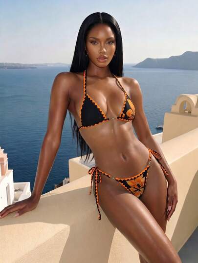 Vaytide 2026 New Women's Summer Beach Vacation Dog Tooth Halter Backless Sexy Tie Rope Pearl Buckle Decorative Floral Placement Print Micro Triangle Side Tie Bikini Swimsuit Set, Travel Beach Sunbath, Vacation Outfits Women, Bikini Set For Women