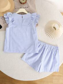 SHEIN Tween Girls' Summer Cute Blue And White Striped 2-Piece Set,Vacation Holiday Ruffle Blouse And Shorts,Minimalist Comfortable Outfits For Youth Girls - Blue and White - View 4