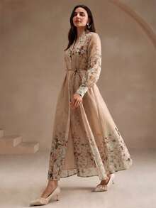 Anewsta Women's Floral Placed Print Chiffon Dress, French Style Maxi Women Outfit - Coffee - View 6