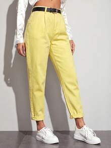 SHEIN ICON 女士休闲通勤简约纯色侧袋修身牛仔裤，不含腰带 - 黃色 - 查看 3
