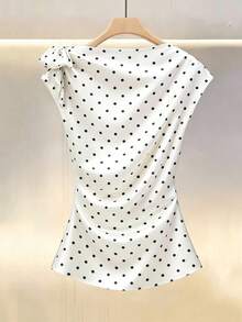 Modelyn Solid Color Satin Pleated Bow Tie Waist Polka Dot Print Casual Shirt - Black and White - View 2