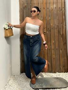 Dazy Plus Plus Size Dark Washed Blue Distressed Front Slit Casual Vacation Maxi Denim Skirt, Spring/Summer - Dark Wash - View 2
