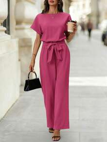Editum Women's New Elegant Round Neck Jumpsuit With Waist Cinching, Slimming, Simple Commuter Wrinkle-Resistant Romper With Belt - Hot Pink - View 4