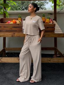 SHEIN Muchic 两件套女士休闲条纹短袖T恤和抽绳裤套装 - 彩色 - 查看 5