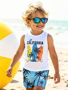 2pcs/Set Young Boy Casual Surfboard & Palm Tree Graphic Soft Sleeveless Vest And Shorts Set, Suitable For Summer Daily Wear, Holiday Beach Vacation - Baby Blue - View 7