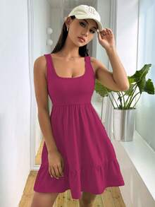 SHEIN Unity 女士休闲纯色荷叶边下摆无袖连衣裙，夏季 - 中紫紅色 - 查看 6