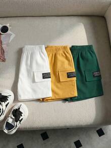 SHEIN Playful Pals 3条装男婴弹力腰短裤，多色梭织面料，侧边字母条纹，休闲工装风，适合6个月至3岁宝宝，夏季必备 - 彩色 - 查看 8