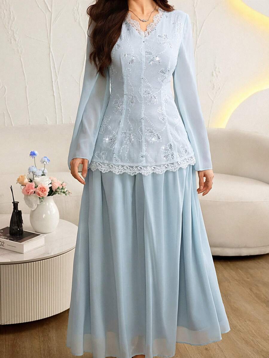 Graceveil 优雅V领蕾丝拼接刺绣长袖连衣裙 - 水藍色 - 查看 1