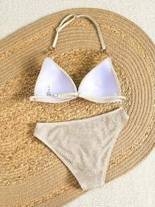 SHEIN Teen Girl Knit Jacquard Halter Swimwear Set, For Beach Vacation - Apricot - View 6